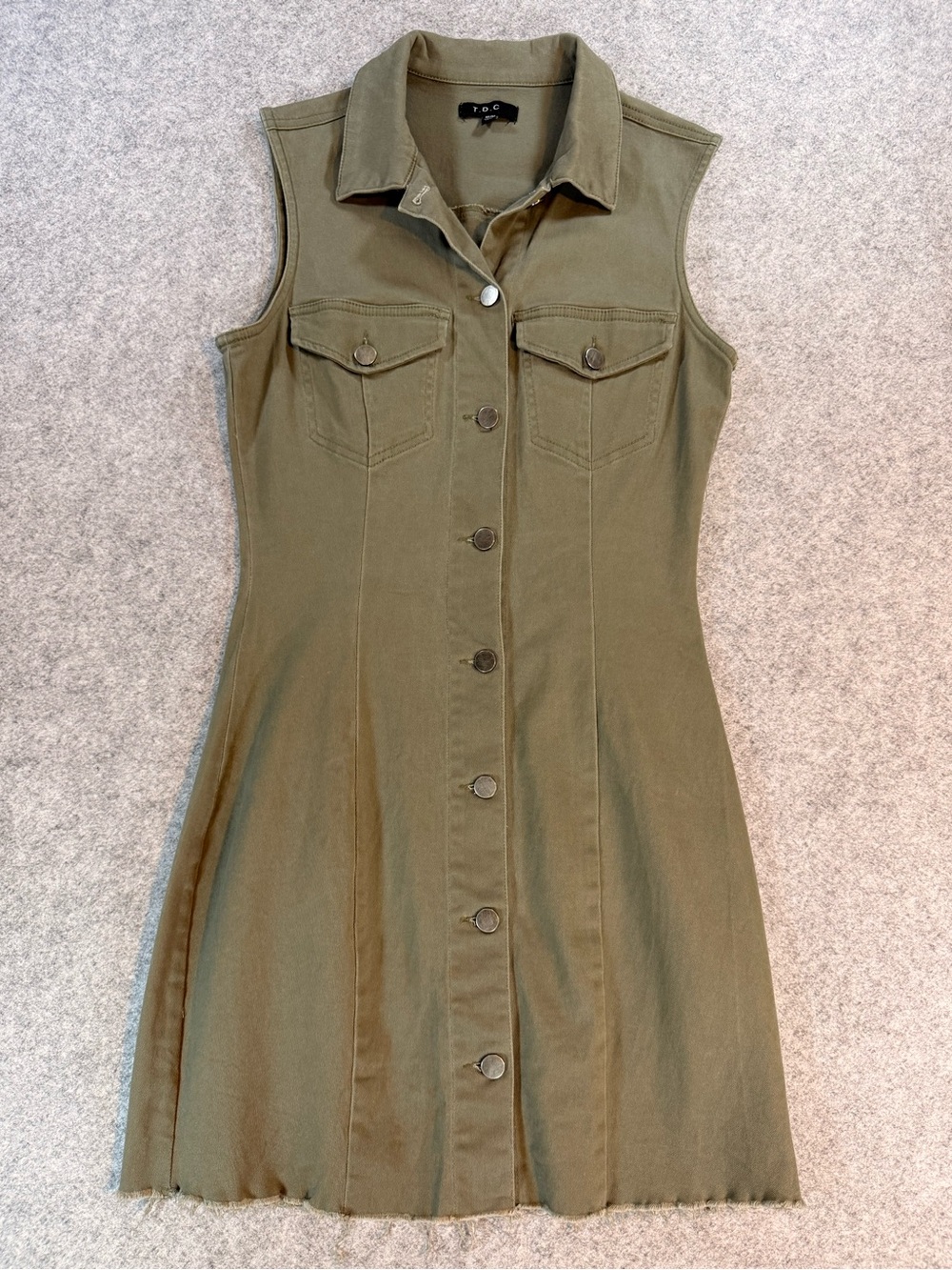 T.D.C Olive Green Sleeveless Button Front Denim Dress Stretch Cotton Size Medium